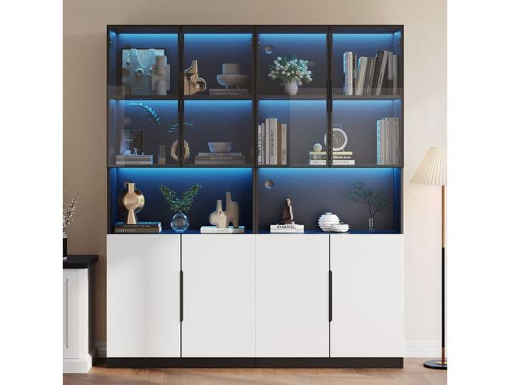 Vitrine avec lumières LED température couleur et luminosité réglables portes blanc avec décoration noire+portes verre 30x160x200cm