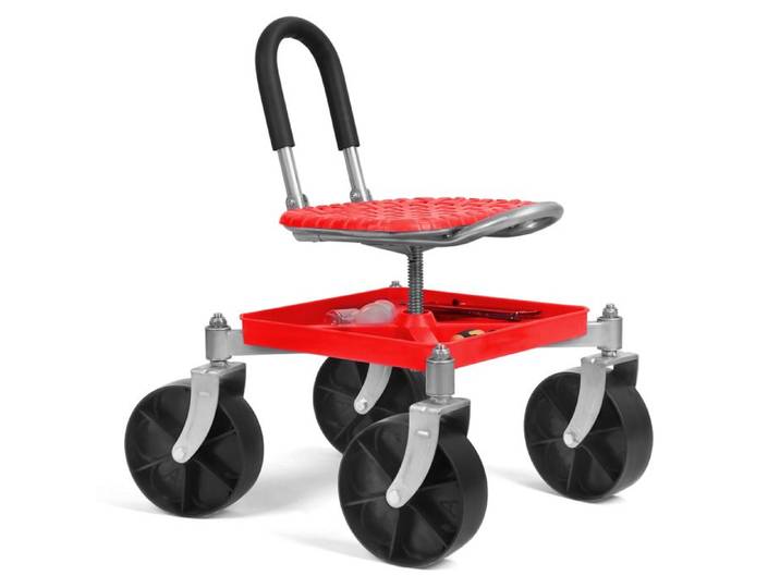 Siège de jardin roulant à hauteur réglable tabouret pivotant 360° avec plateau porte-outils pour jardiniers et seniors - Rouge