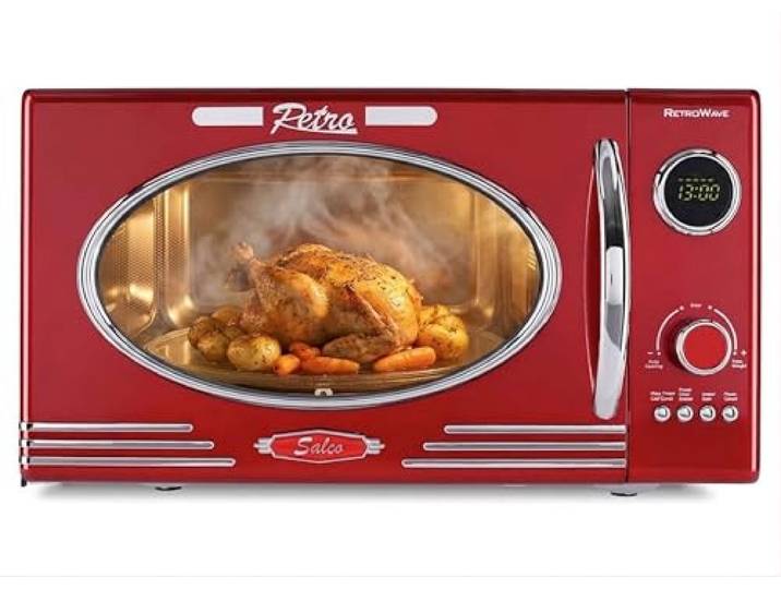 Salco Mikrowelle 2 in 1 – Retro-Style mit Grillfunktion - 23 l Garraum, metallic-rot, 900 W - 12 Funktionen inkl. Auftauen, Grillen & Wärmen, Express-Funktion - inkl. Drehteller & Grillaufsatz