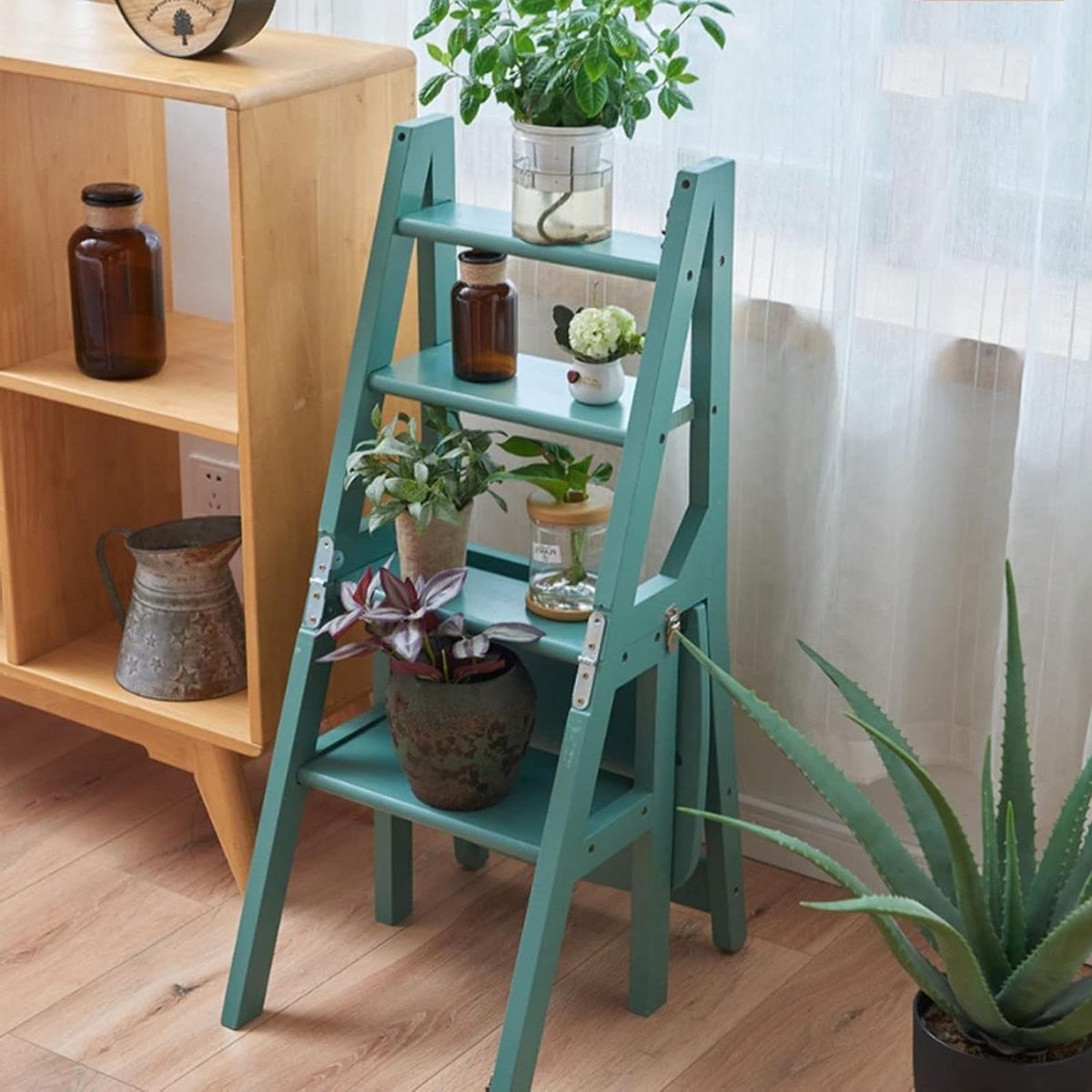 Houten Trapladder - Opvouwbare Kruk met 4 Stappen - Houtkleurig