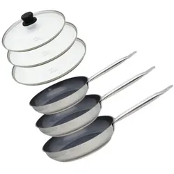 ELO 3er-Set Induktionsbratpfannen mit Glasdeckeln – – Professional – Edelstahl 18/10 ELODUR, Pfannenset + Topfset, Silber