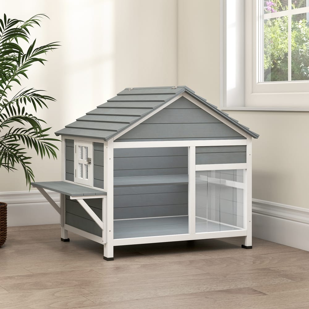 PAWHUT Maison pour chat extérieur toit ouvrant fenêtre panoramique bois gris Gris 101x81x73cm