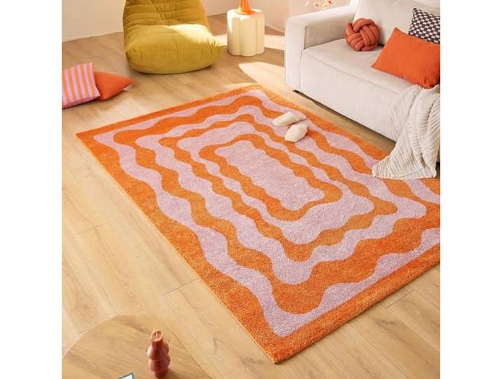 Nazar Tapis Groovy\, Coloré\, Vintage\, Rétro\, Géométrique\, Orange\, Jaune\, Rose\, Rouge\, Moelleux et Confortable\, Tapis Salon