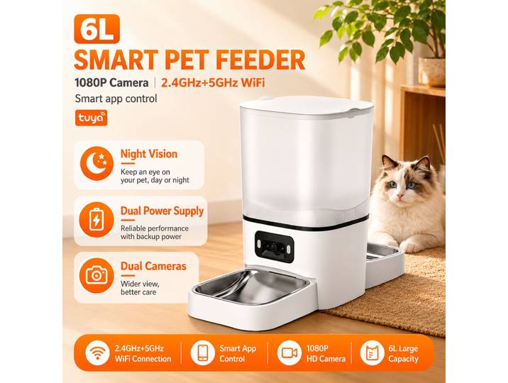 Distributeur automatique de nourriture pour chat à double bol de 6 L, distributeur intelligent pour animaux de compagnie contrôlé par l'application Tuya avec caméra de vision nocturne HD 1080P, prend