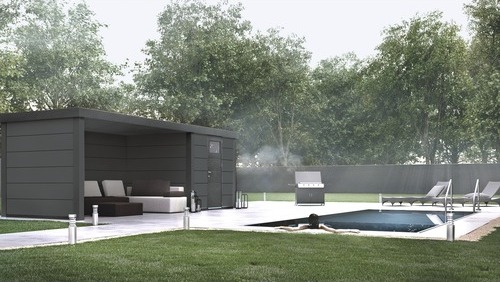 Gartenhaus Classico 2424 inkl. Regenrinne mit Seitendach, Rück- und Seitenwand links 542 x 258 cm granitgrau