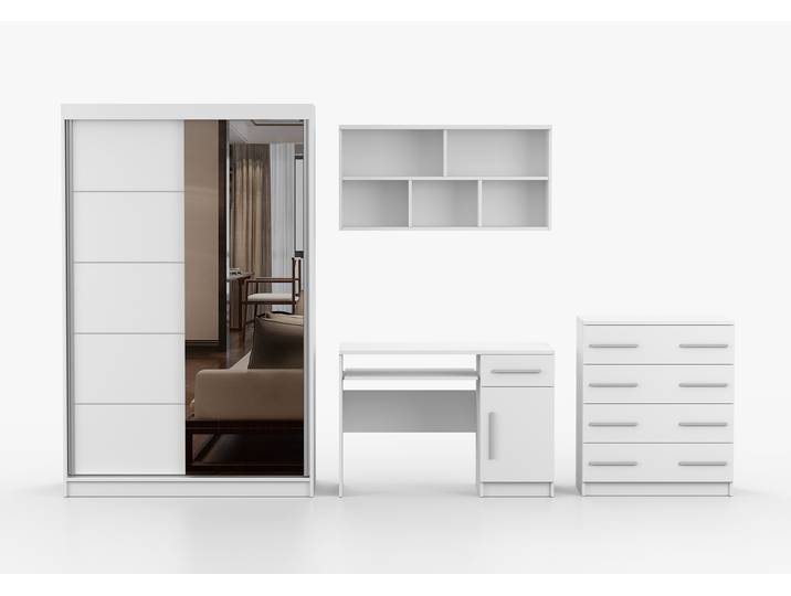Jugendzimmer Komplett – Set TOBBY BIS BB 05 (4-teilig) Weiß Weiß + Spiegel