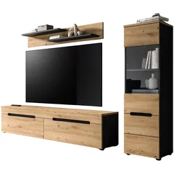 WOHNWAND Eiche Artisan, grau, Kombination 3-teilig 220 cm hängend oder stehend, Soft-Close, Cooper