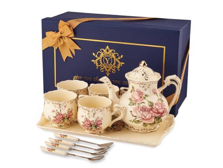 YOLIFE Vintage rosa Rose Blume Tee-Set, Porzellan-Teeservice-Set für englischen Nachmittagstee oder Kaffee, Geschenk für Erwachsene