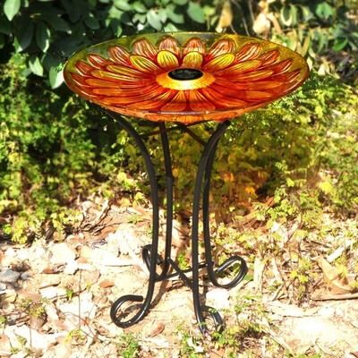 Hi-Line Gift Ltd. Solar Floral Glass Bird Bath With Stand