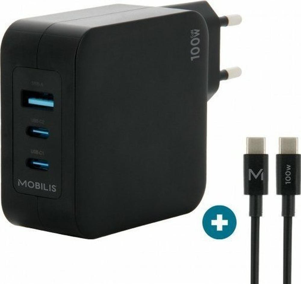 Mobilis Wall Charger 100W met 2 USB-C en 1 USB-A poorten, GaN-technologie en 2m kabel