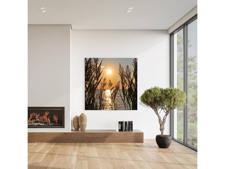 XXL-Wandbild QUEENCE Akustikbild Seelandschaft Gräser , gold (farbe bild(er): natur), B:100cm H:100cm T:2,5cm, Polyester, Bilder, XXL-Wandbild, Einfache Akustiklösung ohne Baumassnahme, Schalldämmung, Paneele