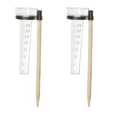 Relaxdays Regenmesser 2er Set, mit Stab, Niederschlagsmesser Garten, Skala 35mm/m², Kunststoff & Holz, natur/transparent