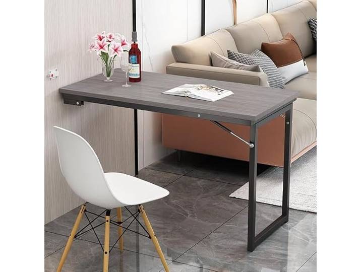 Wandklapptisch Nussbaum Holzoptik Platzsparend 3 Größen Stahl Klappbarer Wandtisch mit Stahlrahmen für Küche Esszimmer Büro Wohnung(B,90x60cm/35.4x23.6in)