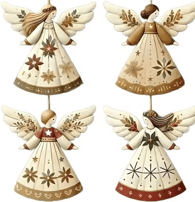 Uplift Curations Vintage Wooden Angel Hanging Ornaments Set For Classic Christmas Decor 4pcs Set B