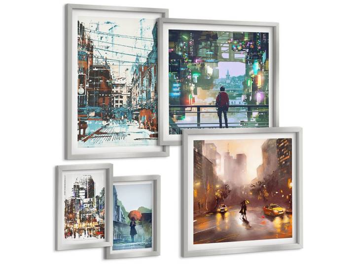 BILDER SET 5er Set - 50x50 cm & 20x30 cm & 40x60 cm Silberner Rahmen - Moderne, farbenfrohe Städte mit Charakteren