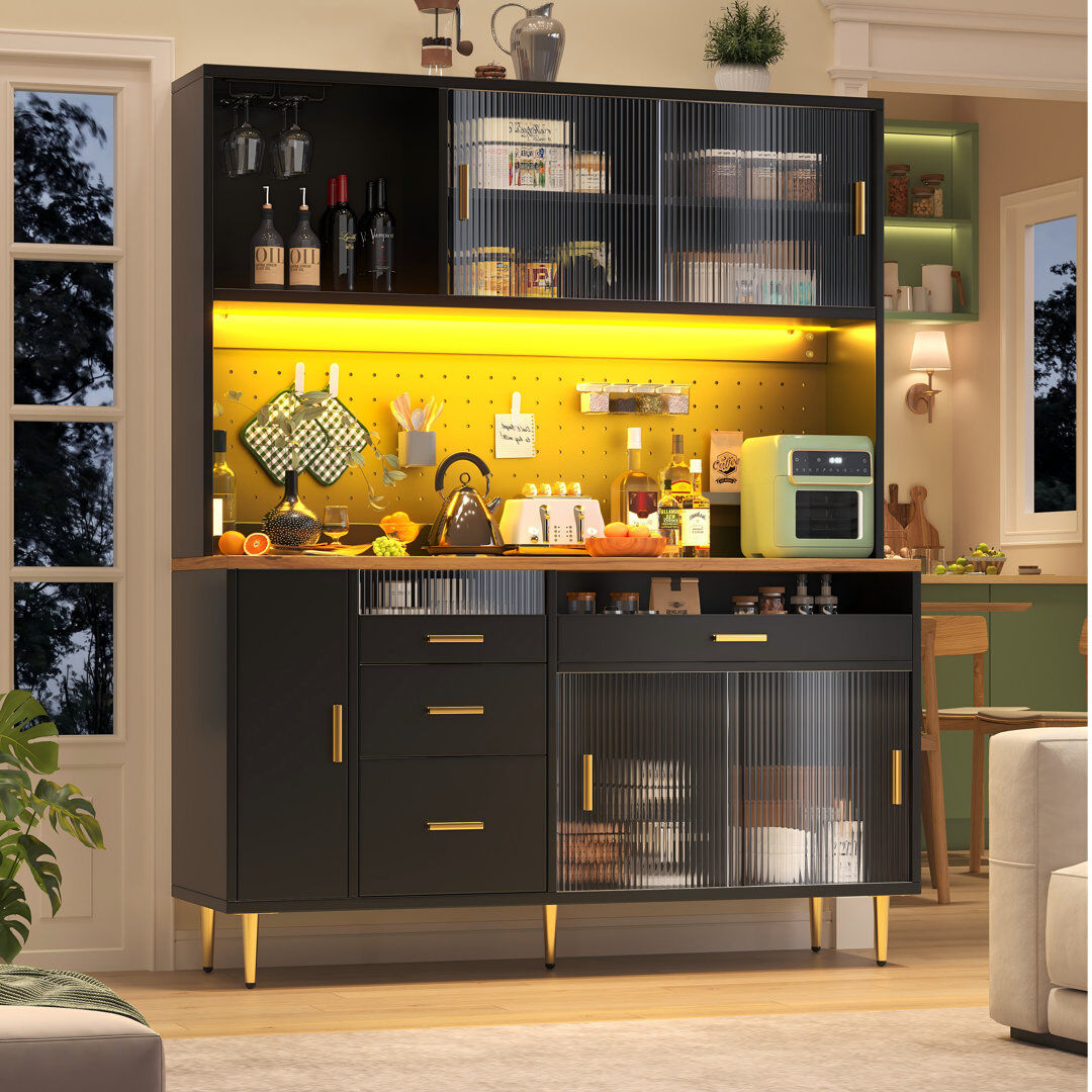 Leisure Kitchen Cabinet With Led, 5 Doors And 2 Drawers Black Natural 145cm W X 171cm H X 39cm D