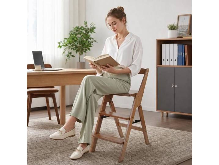 MIPAN Tabouret Escabeau Pliable En Bambou 3 Marches Tabouret Haut Avec Dossier Sourire Escabeau Polyvalent 35.5x53x80cm
