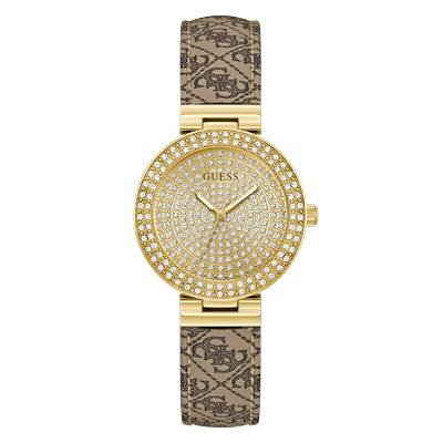 Quarzuhr GUESS "IVY", braun (beige, braun), Armbanduhren, Damen, Quarzuhr, Armbanduhr, Damenuhr, Lederarmband, Kristallsteine