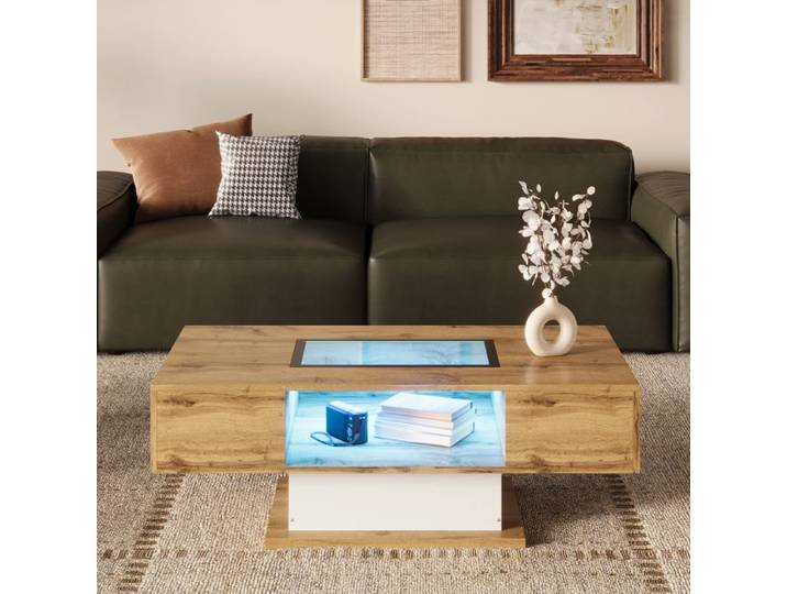 Table basse Salon 2 Tiroirs de Rangement et Compartiment en Verre LED à Changement de Couleur Style industriel 110x60x39cm Bois