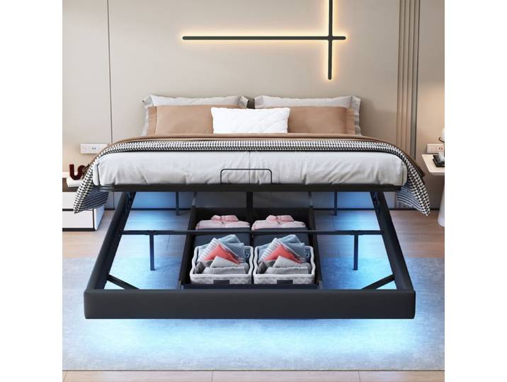 Lit double flottant - LUMINARIX - 160x200 cm - Éclairage LED multicolore - Rangement hydraulique - Noir