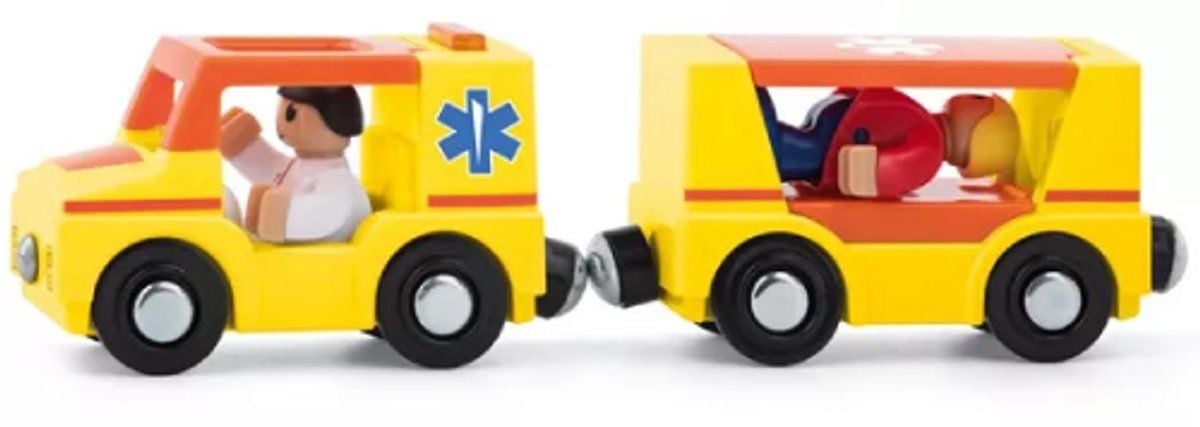 Woody Autoset trein ambulance met 2 figuren - Geel