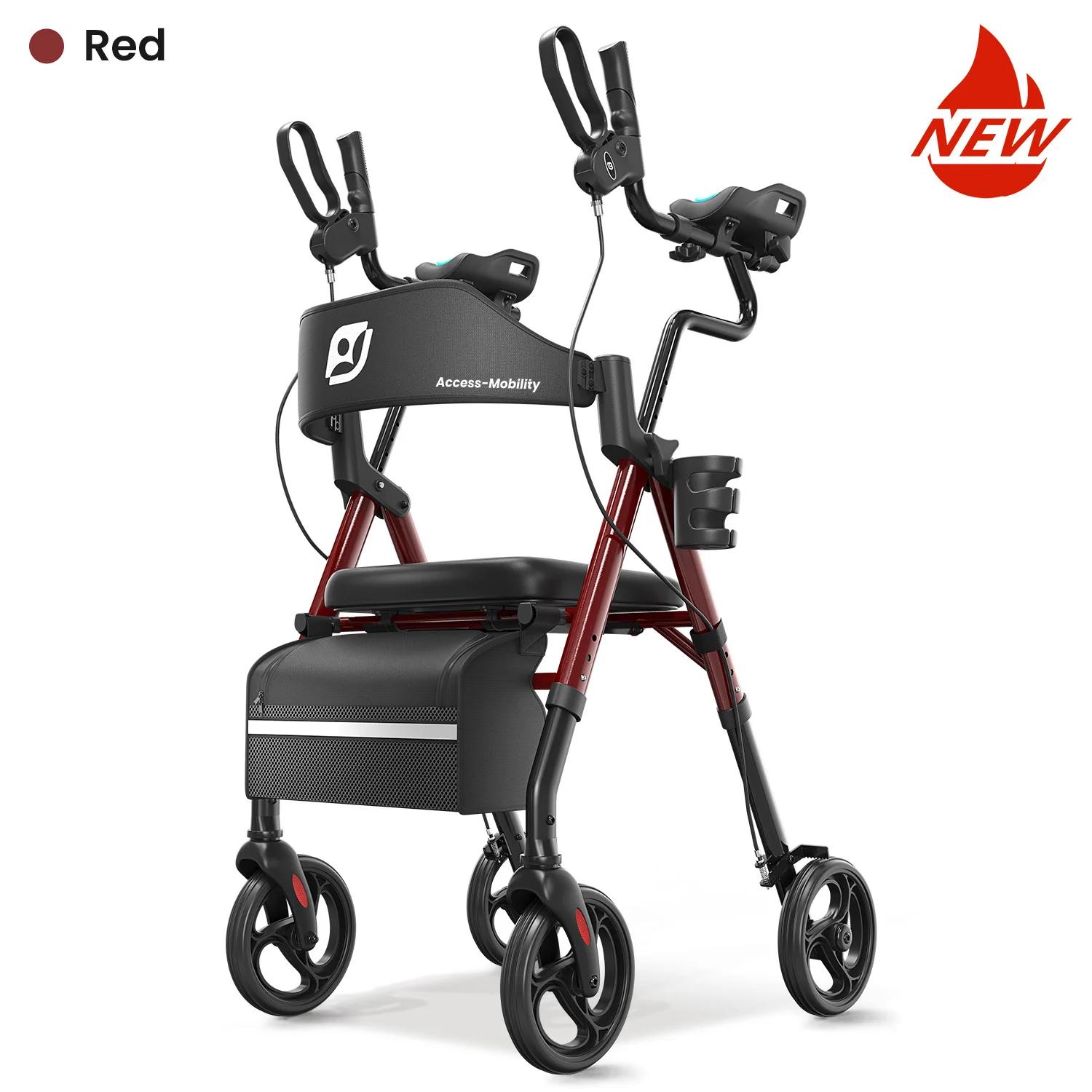 Aufrechtgeh-Rollator für Senioren - Stehrollator - Faltbar - Polyurethangepolsterter Sitz und Rückenlehne - Sitzfläche ca. 25x30 cm - Rot