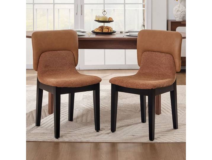 Ya-Home Chaise Salle à Manger Lot de 2 Chaise de Cuisine en Cuir PU et Tissu Chenille Chaise Rembourrée avec Pieds en Bois Marron