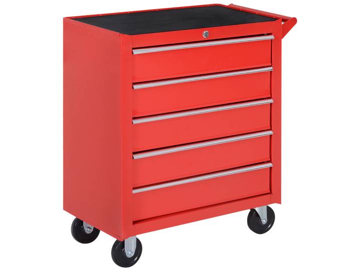 DURHAND Servante d'atelier en acier\, chariot à outils sur roulettes\, 5 tiroirs\, résistante aux rayures\, caisse à outils pour atelier\, verrouillable 2 clés\, rouge