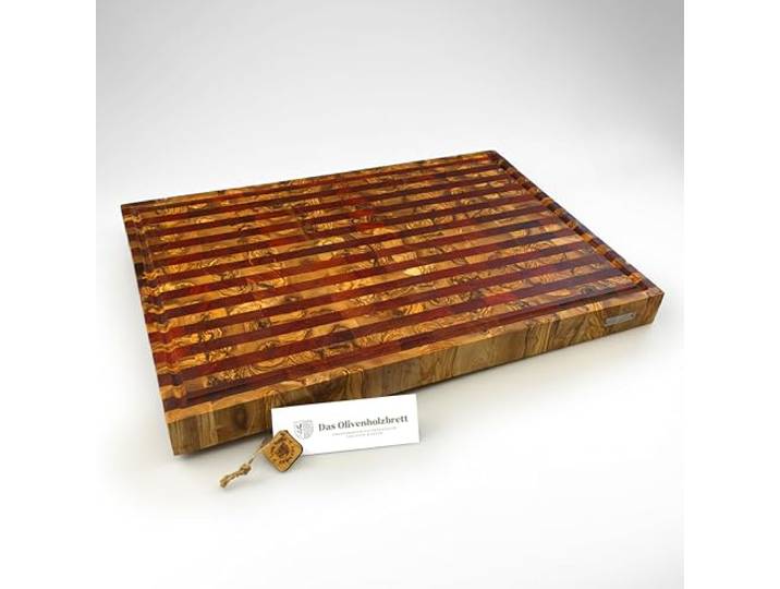 DAS OLIVENHOLZBRETT®Mosaik Schneidebrett mit Saftrille/ 60cm x40cm x4,5cm Luxus Hirnholzbrett / Stirnholz /massiv/ auf Anfrage mit Stereo Füßen