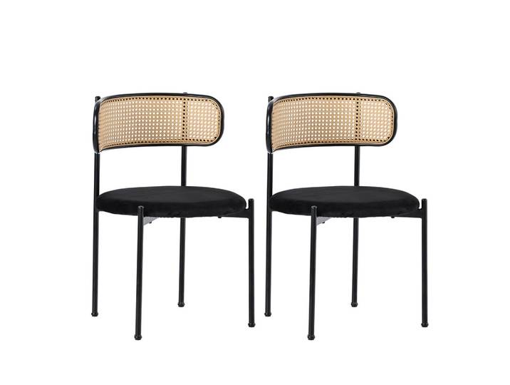 ESSZIMMERSTUHL Set 2er Schwarz Samt & Rattan Polsterstuhl mit Metallbeinen