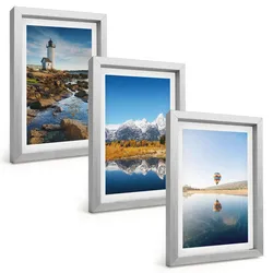 BILDER SET 3er Set - 20x30 cm Silberner Rahmen - Naturansichten, Leuchtturm, Berge, Ballonfahrt