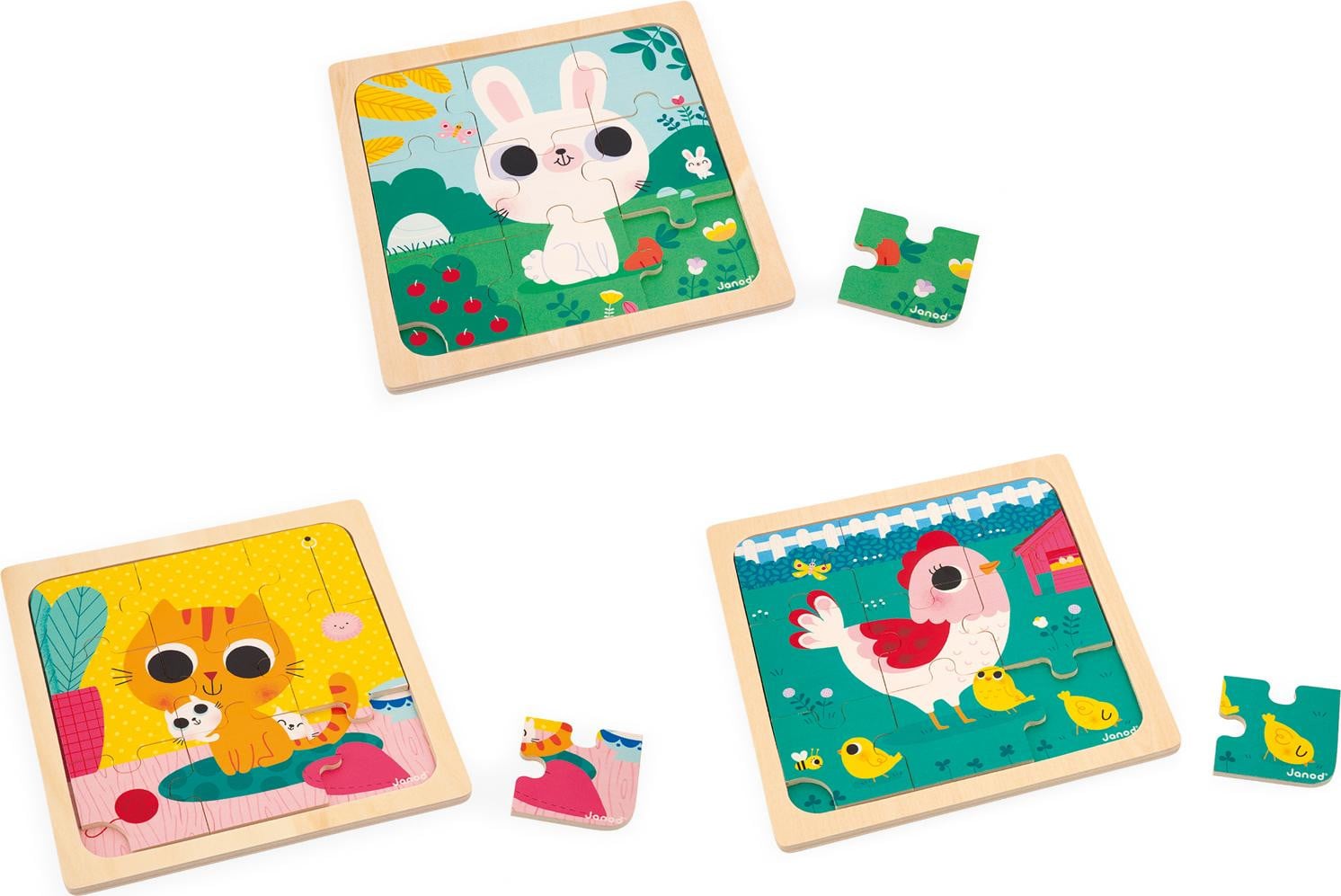 Janod Puzzelset - Houten dierenvormige puzzels met 3 puzzels van 9 stukjes