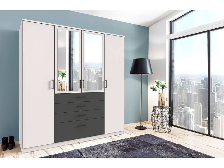 Drehtürenschrank Cottbus 180cm Weiß/Weiß/Graphit mit Spiegeltür/-en