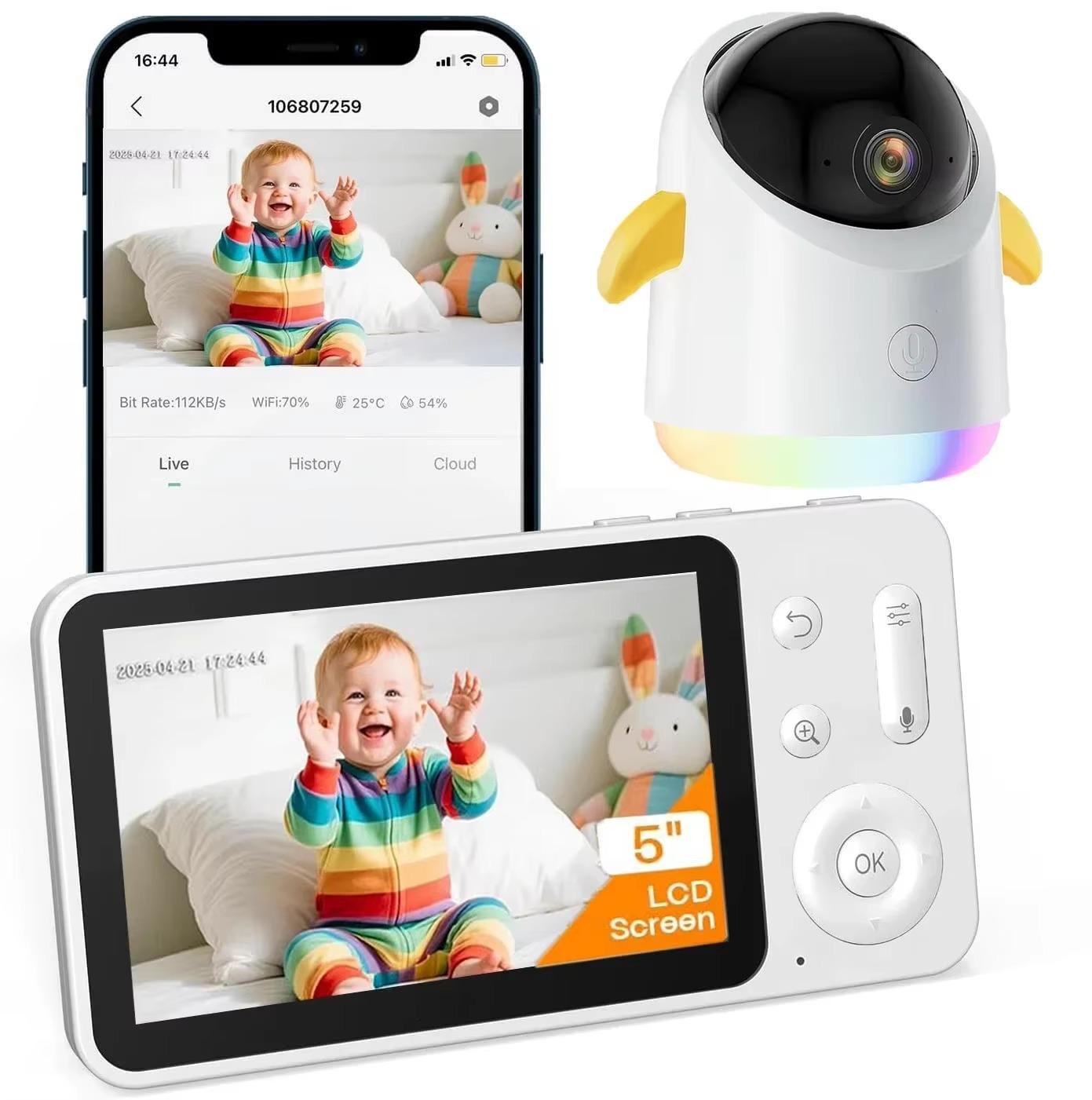 Babyphone - Kabelloses Video-Babyphone mit zwei Kameras - 12,7-cm-LCD-Display - HD 1080p - PTZ - Nachtsicht - Temperaturüberwachung