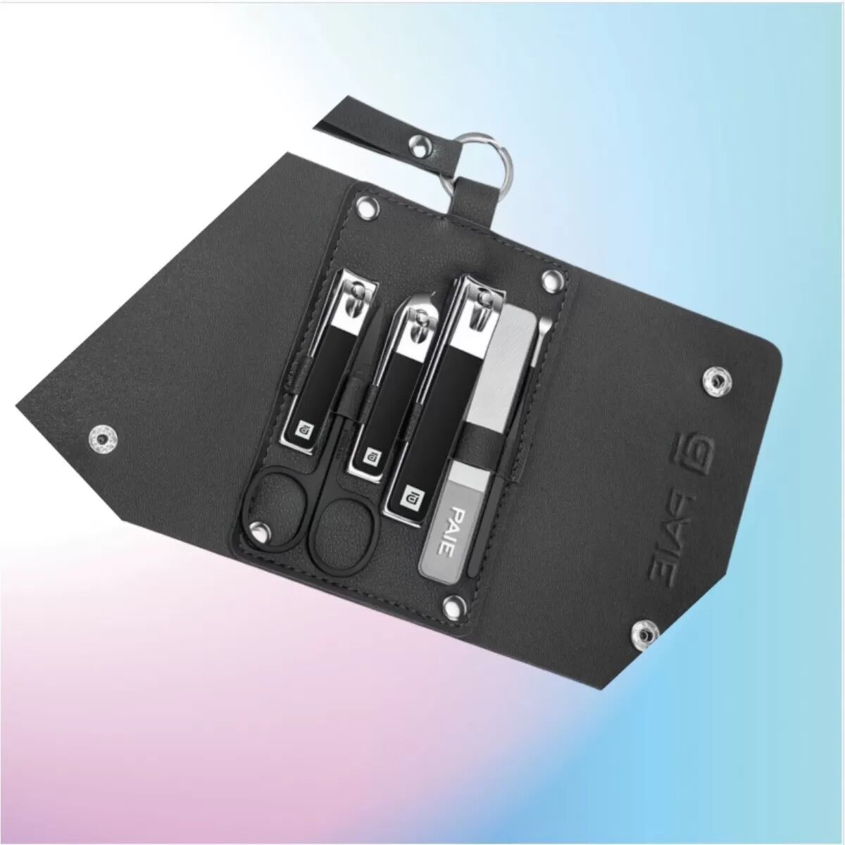 INF 6-teiliges Hängendes Maniküre-Set mit 3 Nagelknipsern - Edelstahl-Pflegeset Schwarz