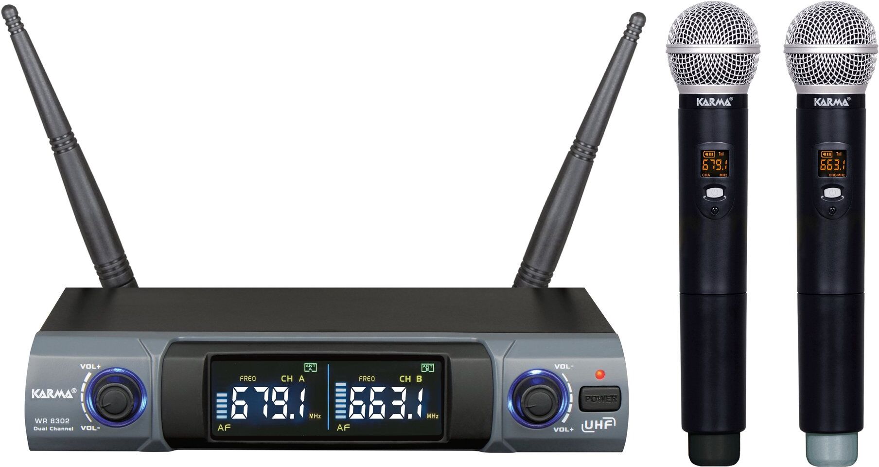 Kit microfoni Karma Set 8302 doppio palmare UHF Black e Grey