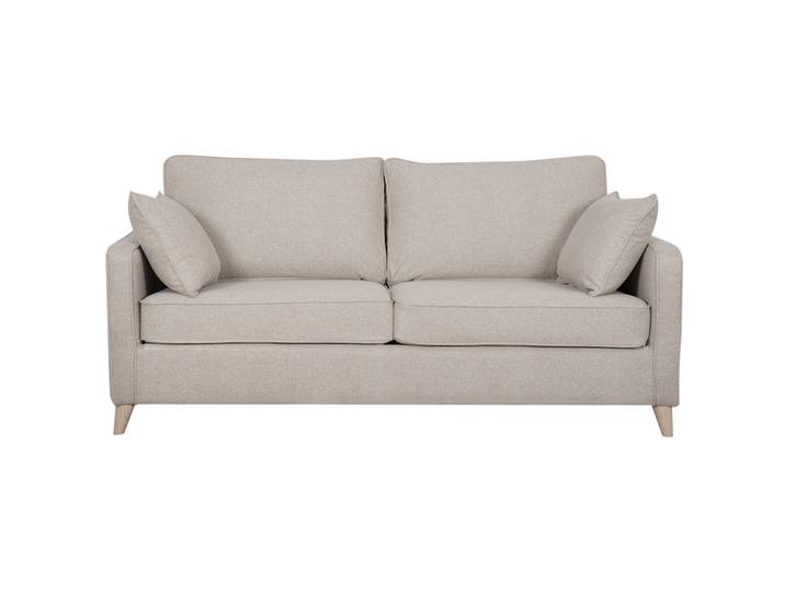 Canapé convertible scandinave 3 places en tissu beige et bois clair avec matelas 10 cm PAPEL