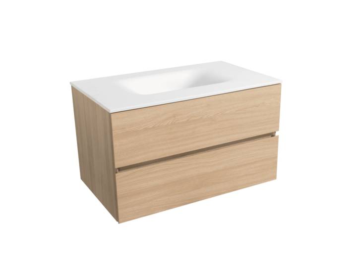 Verona Set Meuble 66cm suspendu bois clair avec 2 tiroirs fermeture lente + Vasque marbre coulé blanc mat (Verona66BC)
