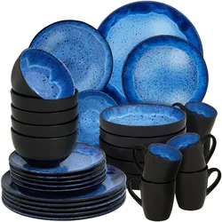 TecTake GmbH tectake Geschirrset Mare aus Steingut, für 6 Personen, 30 teilig, blau