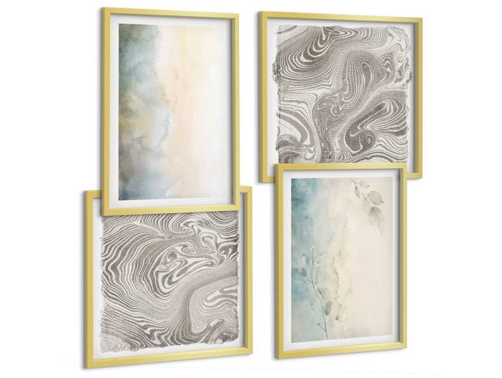 BILDER SET 4er Set - 50x50 cm & 40x60 cm Goldrahmen - Zarte Aquarellkartons