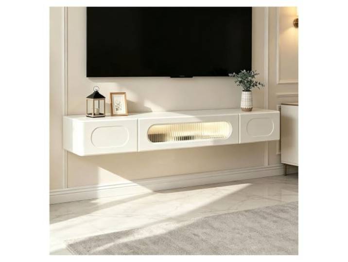 bacedifo An Der Wand Montierter Schwebender TV-Schrank Mit Glastür Komplett Montiert Aus Massivholz Gerillte Wellglastüren, Kabelführungskanäle – For Wandmontierte(L200CM/78.7 )