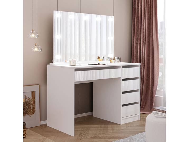 Idohome Coiffeuse avec miroir\, coiffeuse moderne\, coiffeuse avec tiroirs\, coiffeuse avec éclairage LED\, armoire à bijoux blanc brillant BELLA