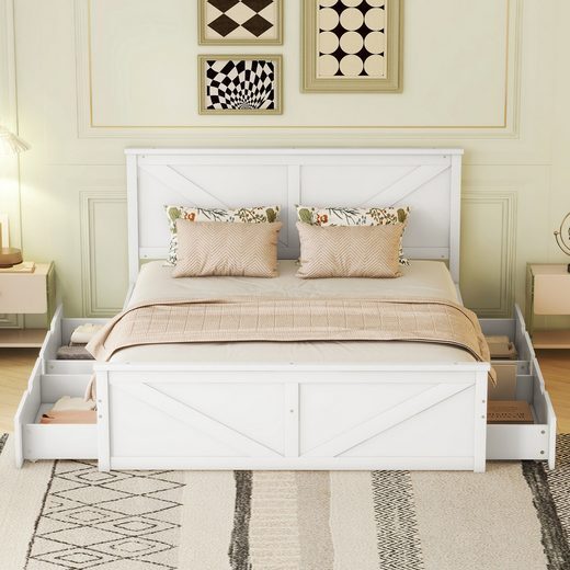 Odikalo Holzbett Doppelbett Pritsch Bett 4 Schubladen Kopfteil 160x200cm Weiß