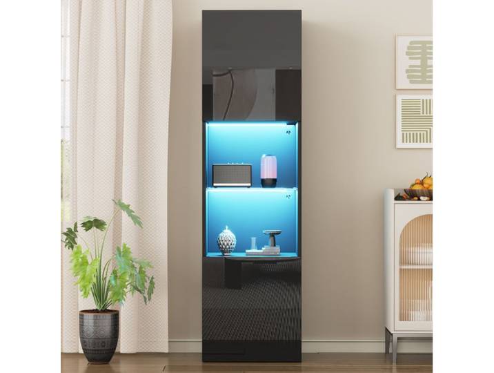meuble rangement vitrine LED noire brillante 45x35x160 cm avec 2 portes verre trempé et Bluetooth ORVRYN