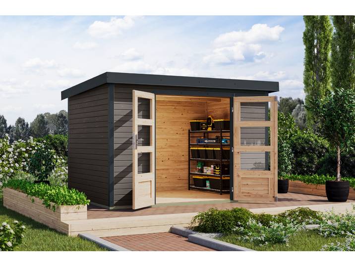 Gartenhaus KARIBU Jupiterino 4, in verschiedenen Farben , schwarz (terragrau, anthrazit), ohne Fußboden, Blechdach, Massivholz, Gartenhäuser, Gartenhaus