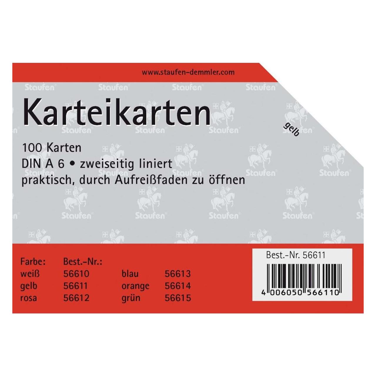 Staufen Karteikarten A6/100 gelb liniert (A6, 180 g/m²) (794660011)
