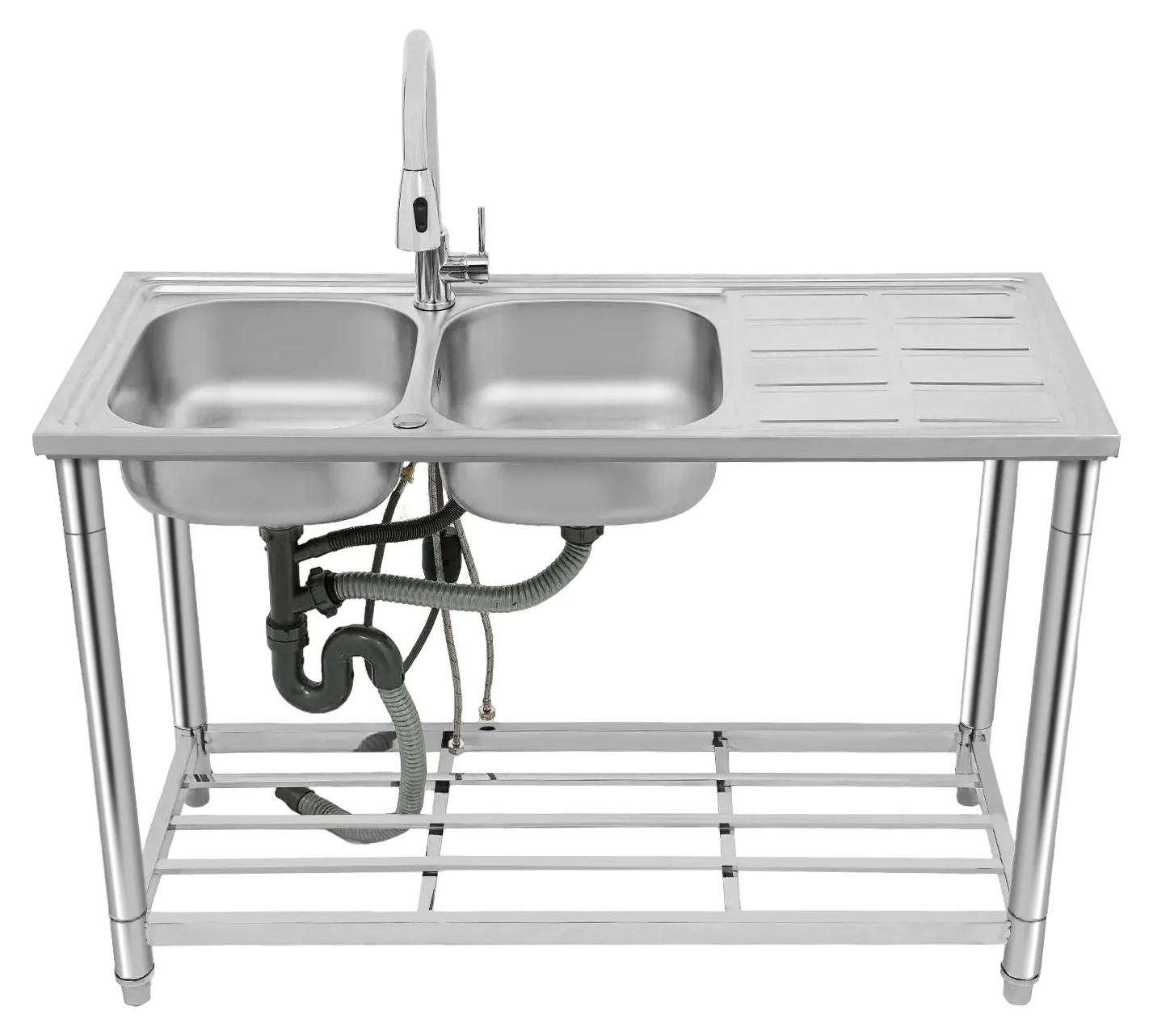 Küchenspüle - Freistehendes Doppelbecken - 120 × 50 × 80 cm - Edelstahl - Mit ausziehbarer Armatur - 360° schwenkbar - Silber