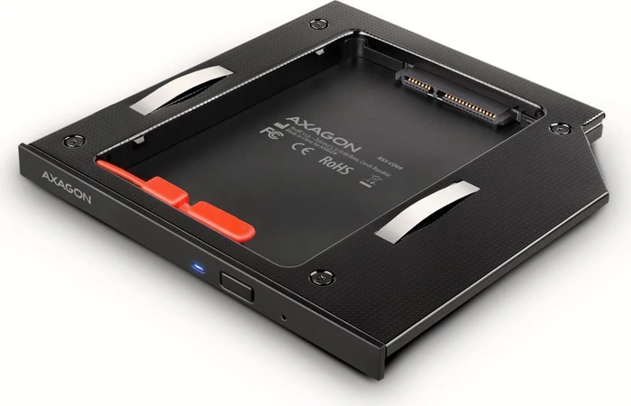 AXAGON RSS-CD09, ALU Caddy für 2.5" SSD/HDD in 9.5 mm Laptop DVD Slot, schraubenlos. LED