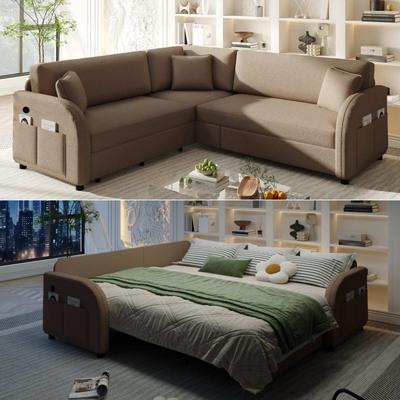 Loedds 85.1-Inch L-Shaped Sherpa Sleeper Sofa Bed with USB and Side Pockets