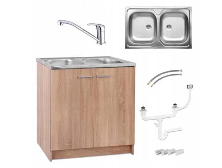 Spülenschrank Küchenschrank 80cm Sonoma Spüle 2 Becken Edelstahl Armatur Chrom Set Standschrank 46cm Tiefe Siphon Geschirrspüler Komplett Montagefertig